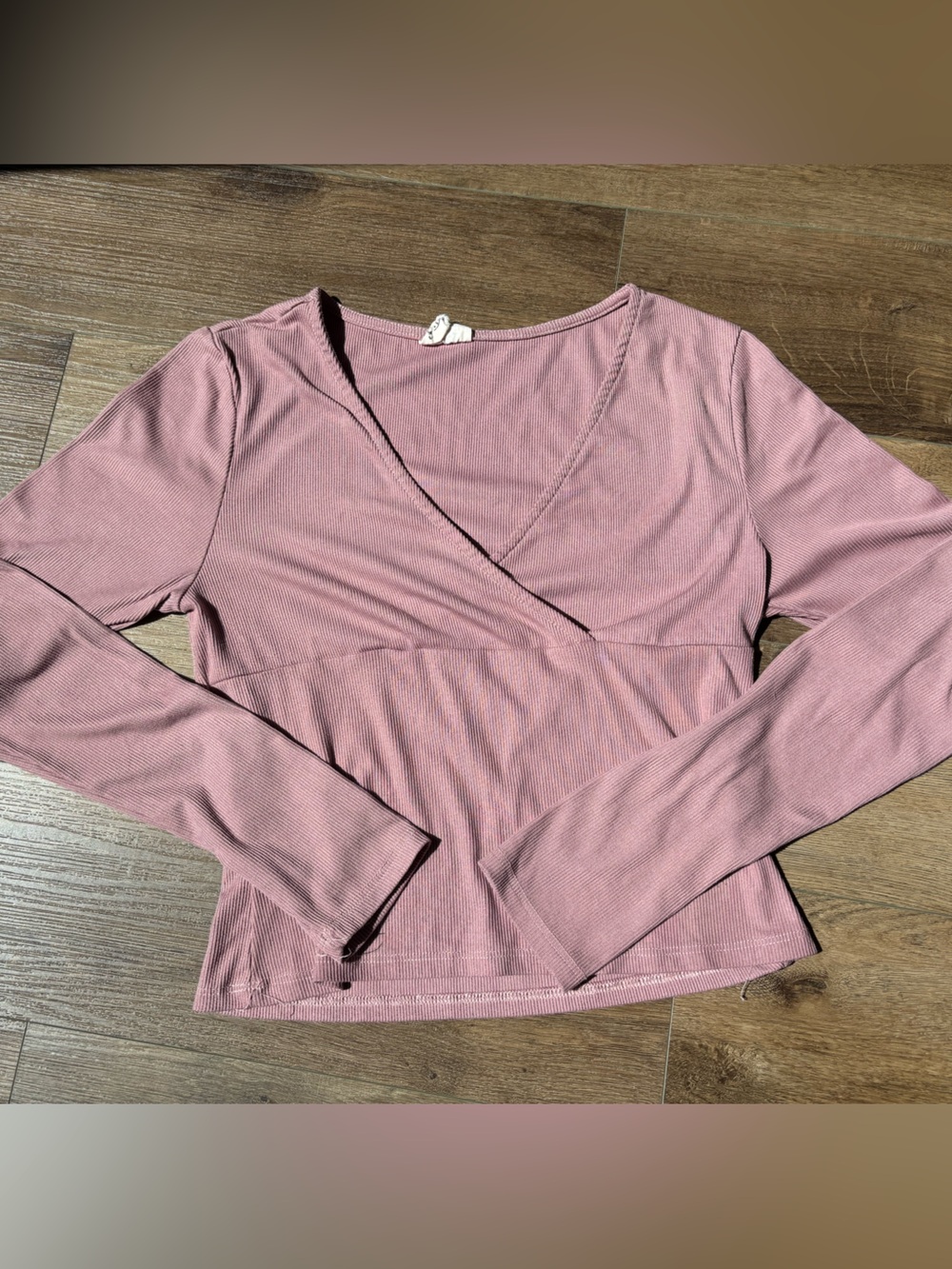 One Step Up Mauve Pink Ribbed Wrap Front Long Sleeve Top